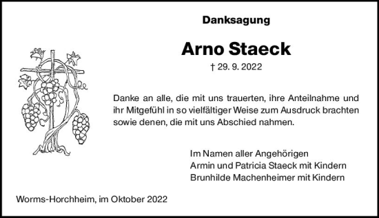 Traueranzeige von Arno Staeck von vrm-trauer Wormser Zeitung