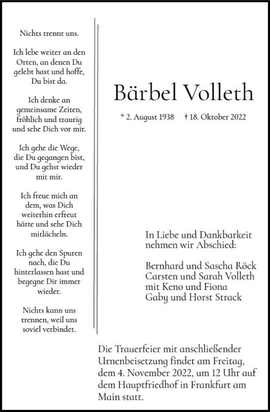Traueranzeige von Bärbel Volleth von vrm-trauer Odenwälder Echo