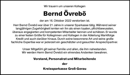 Traueranzeige von Bernd Övrebö von vrm-trauer Rüsselsheimer Echo / MainSpitze