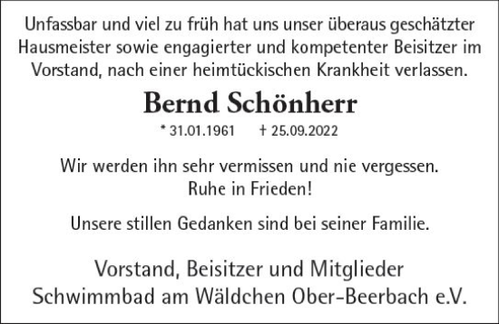 Traueranzeige von Bernd Schönherr von vrm-trauer Darmstädter Echo