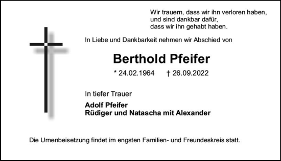 Traueranzeige von Berthold Pfeifer von vrm-trauer Allgemeine  Zeitung Ingelheim-Bingen