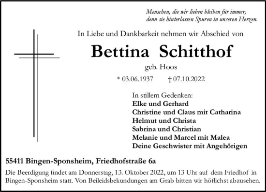 Traueranzeige von Bettina Schitthof von vrm-trauer Allgemeine  Zeitung Ingelheim-Bingen