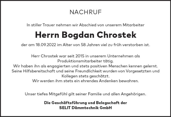 Traueranzeige von Bogdan Chrostek von vrm-trauer Allgemeine Zeitung Alzey