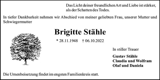 Traueranzeige von Brigitte Stähle von vrm-trauer Allg. Zeitung Bad Kreuznach