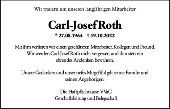 Traueranzeige von Carl-Josef Roth von vrm-trauer Darmstädter Echo
