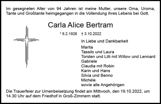 Traueranzeige von Carla Alice Bertram von vrm-trauer DieburgerAnzeiger/Groß-Zimmerner Lokala