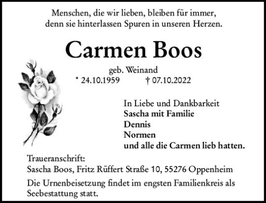 Traueranzeige von Carmen Boos von vrm-trauer AZ Mainz