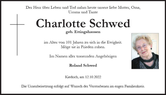 Traueranzeige von Charlotte Schwed von vrm-trauer Rheingau