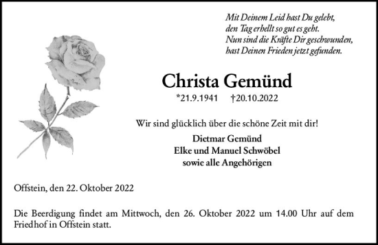 Traueranzeige von Christa Gemünd von vrm-trauer Wormser Zeitung