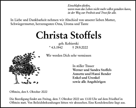 Traueranzeige von Christa Stoffels von vrm-trauer Wormser Zeitung
