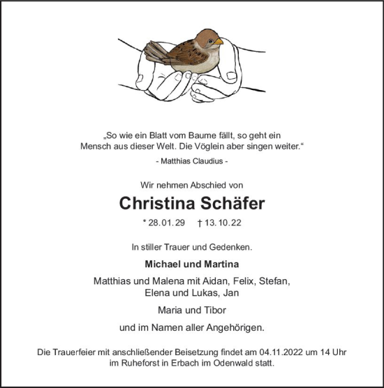 Traueranzeige von Christina Schäfer von vrm-trauer Bürstädter/Lamperth. Ztg/Starkenburger