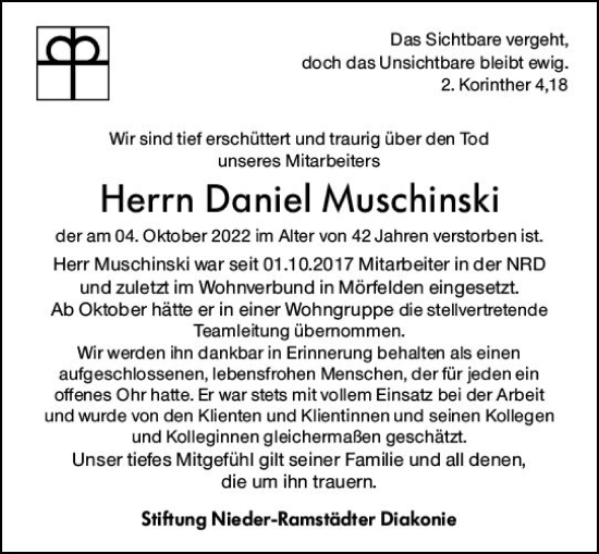 Traueranzeige von Daniel Muschinski von vrm-trauer AZ Mainz