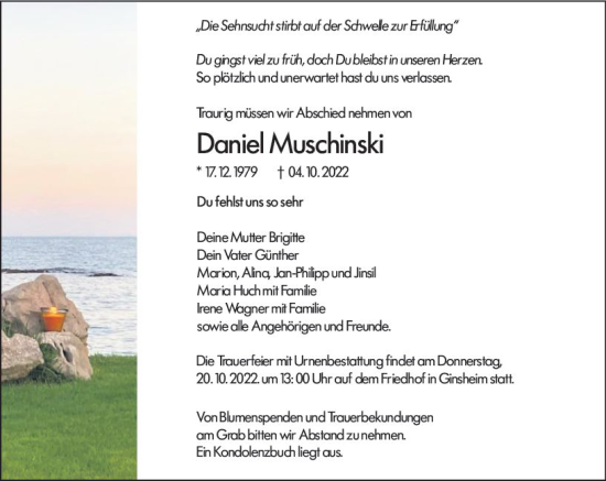 Traueranzeige von Daniel Muschinski von vrm-trauer AZ Mainz