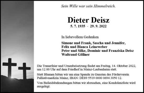 Traueranzeige von Dieter Deisz von vrm-trauer AZ Mainz