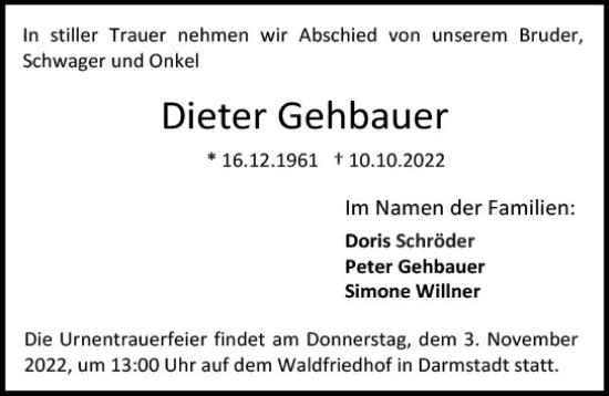Traueranzeige von Dieter Gehbauer von vrm-trauer Darmstädter Echo