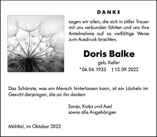 Traueranzeige von Doris Balke von vrm-trauer Darmstädter Echo