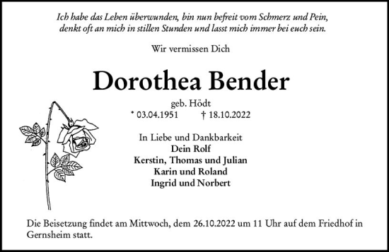 Traueranzeige von Dorothea Bender von vrm-trauer Groß-Gerauer Echo
