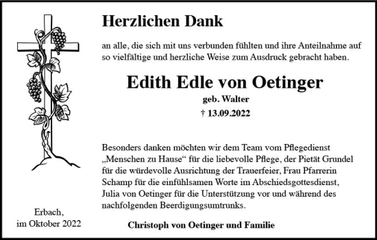 Traueranzeige von Edith Edle von Oetinger von vrm-trauer Rheingau