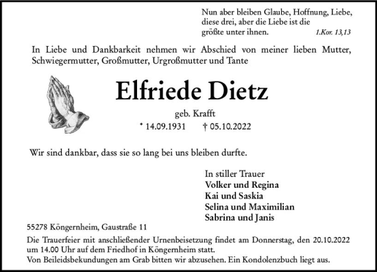 Traueranzeige von Elfriede Dietz von vrm-trauer AZ Mainz