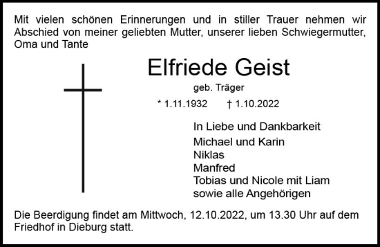 Traueranzeige von Elfriede Geist von vrm-trauer DieburgerAnzeiger/Groß-Zimmerner Lokala
