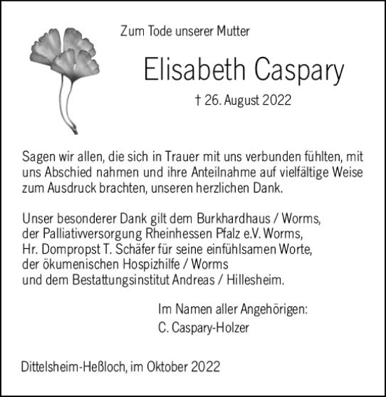 Traueranzeige von Elisabeth Caspary von vrm-trauer Wormser Zeitung