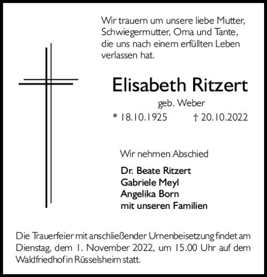 Traueranzeige von Elisabeth Ritzen von vrm-trauer Rüsselsheimer Echo / MainSpitze