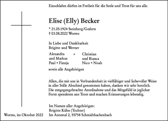 Traueranzeige von Elise Becker von vrm-trauer Wormser Zeitung