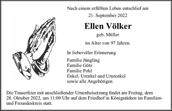 Traueranzeige von Ellen Völker von vrm-trauer Rüsselsheimer Echo / MainSpitze