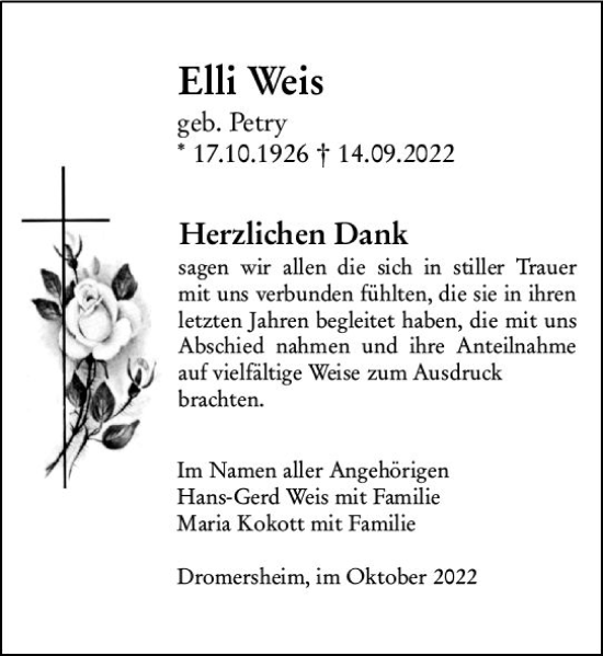 Traueranzeige von Elli Weis von vrm-trauer Allgemeine  Zeitung Ingelheim-Bingen