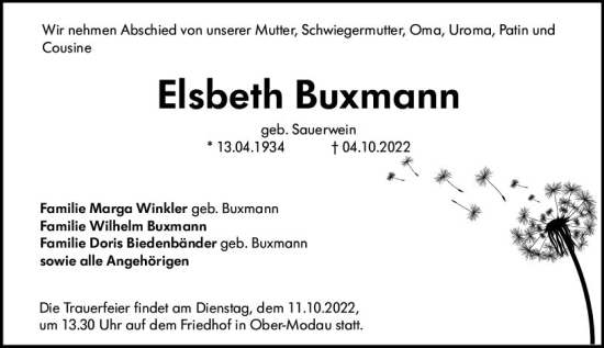 Traueranzeige von Elsbeth Buxmann von vrm-trauer Darmstädter Echo