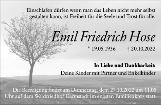 Traueranzeige von Emil Friedrich Hose von vrm-trauer Darmstädter Echo