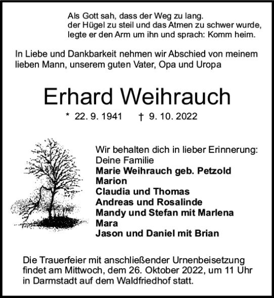 Traueranzeige von Erhard Weihrauch von vrm-trauer Darmstädter Echo