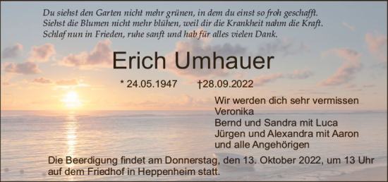 Traueranzeige von Erich Umhauer von vrm-trauer Bürstädter/Lamperth. Ztg/Starkenburger