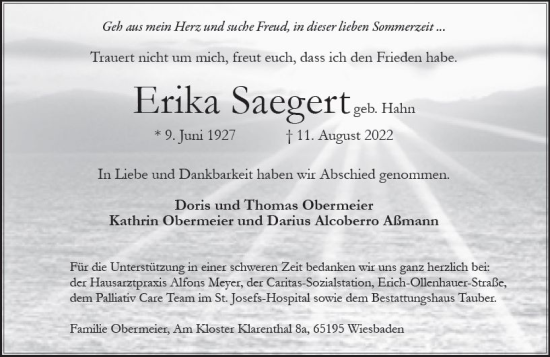 Traueranzeige von Erika Saegert von vrm-trauer Wiesbadener Kurier