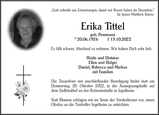 Traueranzeige von Erika Tittel von vrm-trauer Allgemeine  Zeitung Ingelheim-Bingen