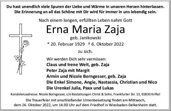 Traueranzeige von Erna Maria Zaja von vrm-trauer Wiesbadener Kurier