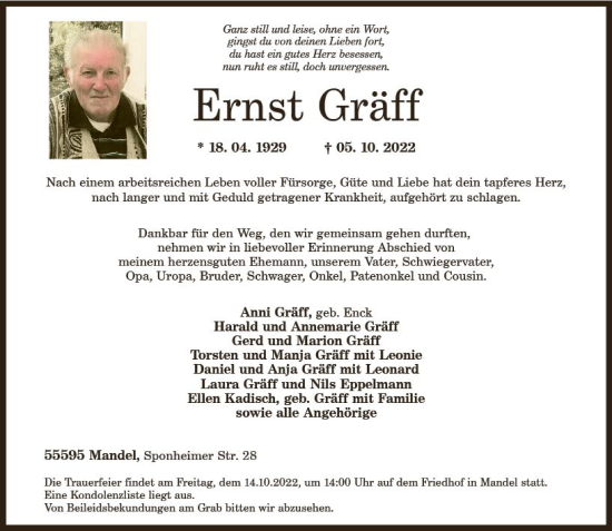 Traueranzeige von Ernst Gräff von vrm-trauer Allg. Zeitung Bad Kreuznach