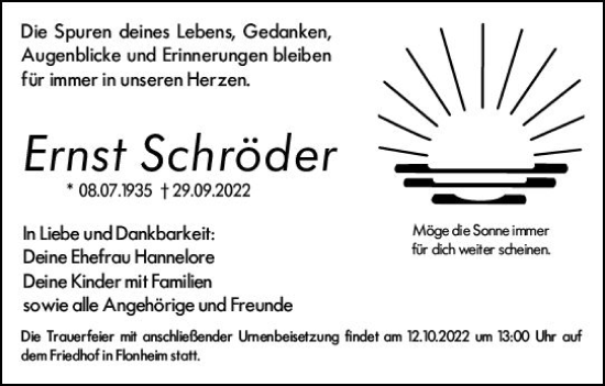 Traueranzeige von Ernst Schröder von vrm-trauer Wiesbadener Kurier