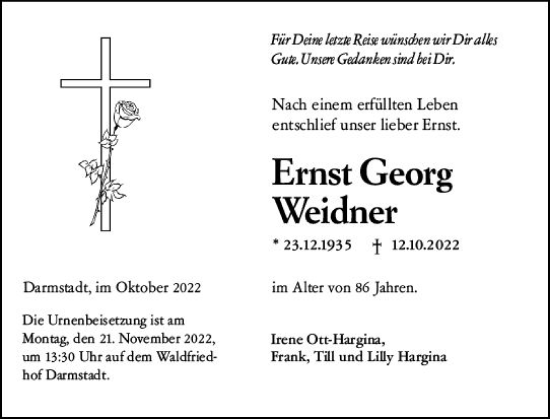 Traueranzeige von Ernst Georg Weidner von vrm-trauer Darmstädter Echo