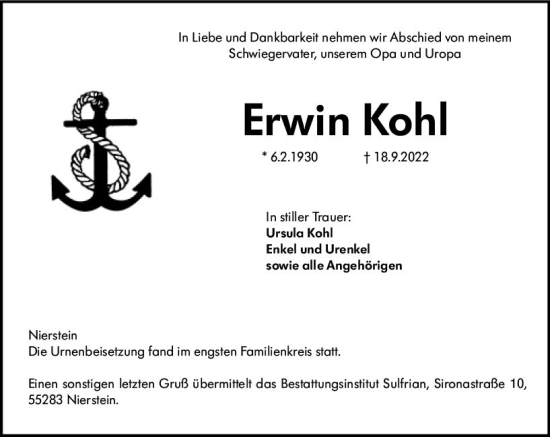 Traueranzeige von Erwin Kohl von vrm-trauer AZ Mainz
