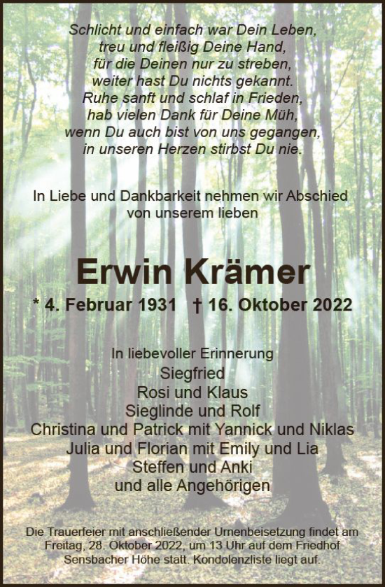 Traueranzeige von Erwin Krämer von vrm-trauer Odenwälder Echo