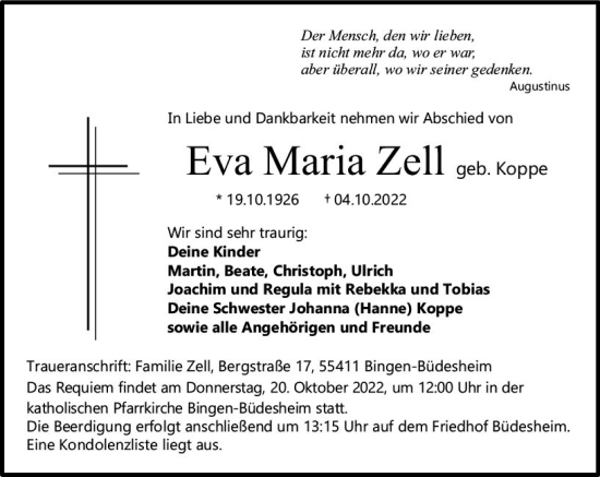Traueranzeige von Eva Maria Zell von vrm-trauer Allgemeine  Zeitung Ingelheim-Bingen
