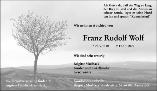 Traueranzeige von Franz Rudolf Wolf von vrm-trauer Darmstädter Echo