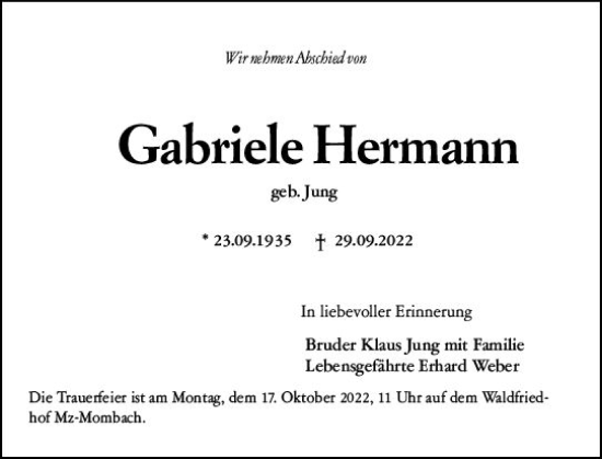 Traueranzeige von Gabriele Hermann von vrm-trauer AZ Mainz