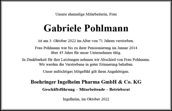 Traueranzeige von Gabriele Pohlmann von vrm-trauer Allgemeine  Zeitung Ingelheim-Bingen