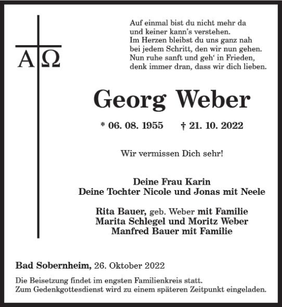 Traueranzeige von Georg Weber von vrm-trauer Allg. Zeitung Bad Kreuznach