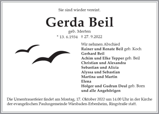 Traueranzeige von Gerda Beil von vrm-trauer Wiesbadener Kurier