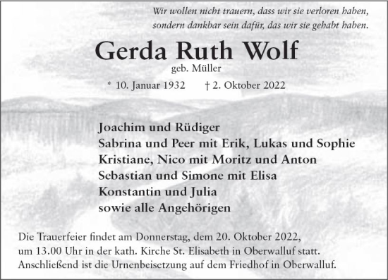 Traueranzeige von Gerda Ruth Wolf von vrm-trauer Rheingau