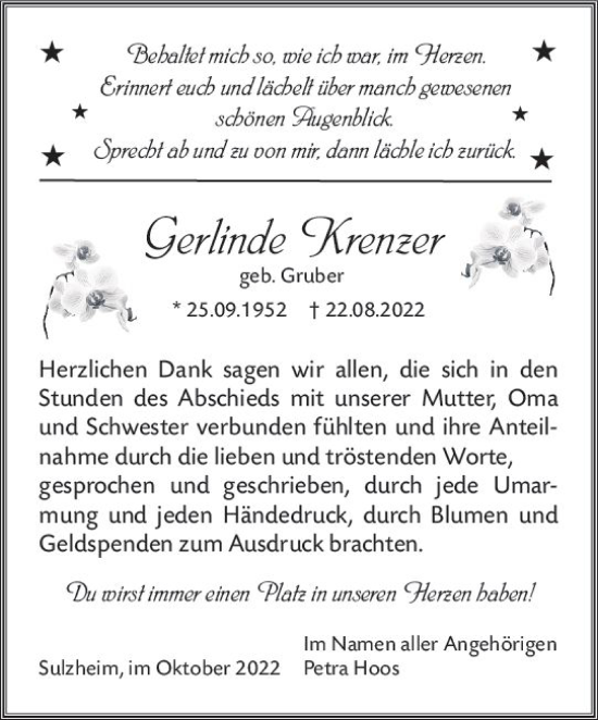 Traueranzeige von Gerlinde Krenzer von vrm-trauer Allgemeine Zeitung Alzey