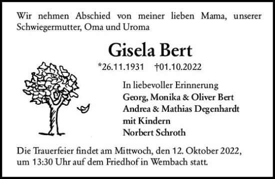 Traueranzeige von Gisela Bert von vrm-trauer Darmstädter Echo